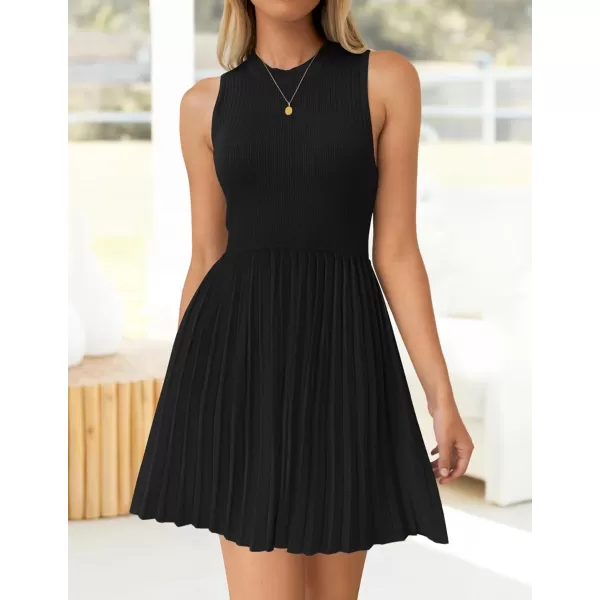imageZESICA Womens Summer Mini Dress 2024 Sleeveless Crewneck Ribbed Knit Casual Swing Pleated A Line Short DressesBlack