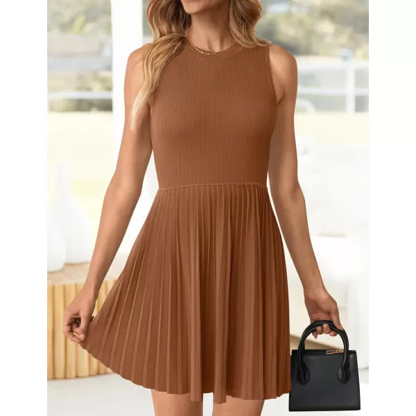 imageZESICA Womens Summer Mini Dress 2024 Sleeveless Crewneck Ribbed Knit Casual Swing Pleated A Line Short DressesCaramel