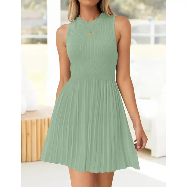 imageZESICA Womens Summer Mini Dress 2024 Sleeveless Crewneck Ribbed Knit Casual Swing Pleated A Line Short DressesLightgreen
