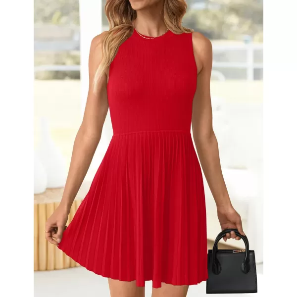 imageZESICA Womens Summer Mini Dress 2024 Sleeveless Crewneck Ribbed Knit Casual Swing Pleated A Line Short DressesRed