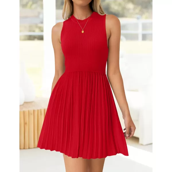 imageZESICA Womens Summer Mini Dress 2024 Sleeveless Crewneck Ribbed Knit Casual Swing Pleated A Line Short DressesRed