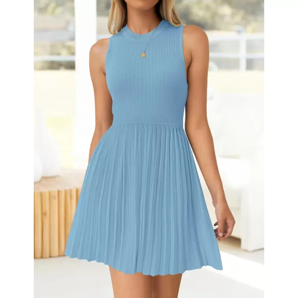 imageZESICA Womens Summer Mini Dress 2024 Sleeveless Crewneck Ribbed Knit Casual Swing Pleated A Line Short DressesSky
