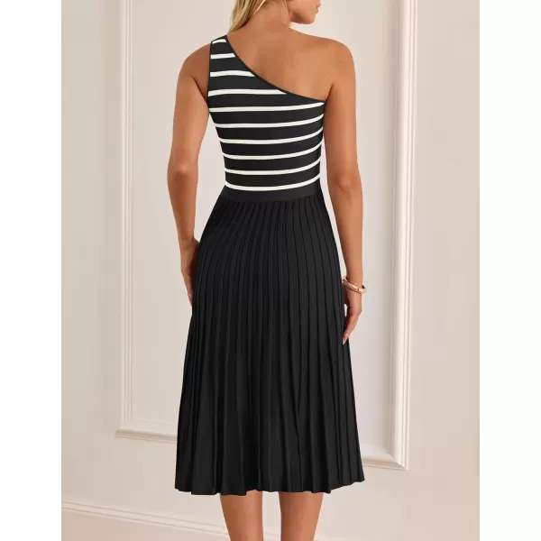 imageZESICA Womens Summer One Shoulder Midi Dresses 2024 Spring Striped Sleeveless Knit Pleated A Line Flowy Long DressBlack