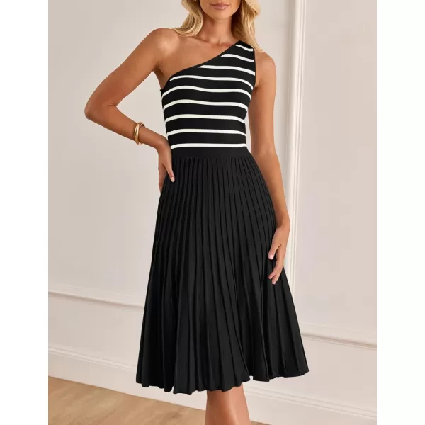 imageZESICA Womens Summer One Shoulder Midi Dresses 2024 Spring Striped Sleeveless Knit Pleated A Line Flowy Long DressBlack