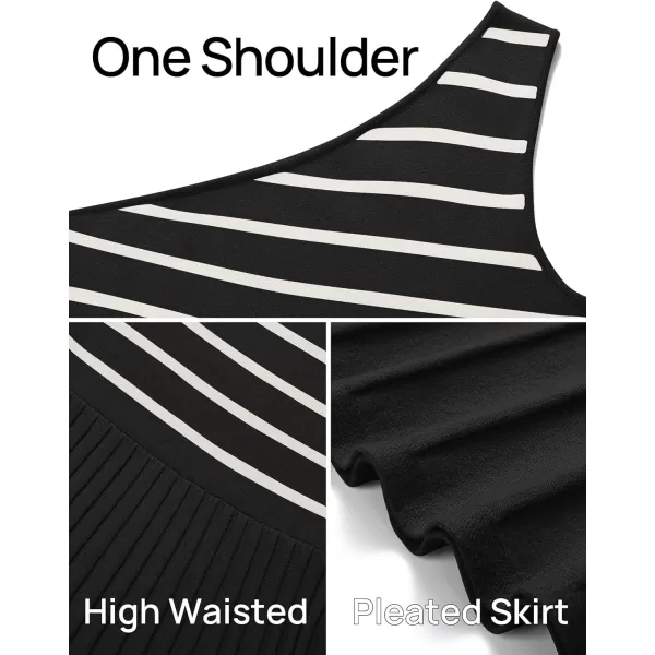 imageZESICA Womens Summer One Shoulder Midi Dresses 2024 Spring Striped Sleeveless Knit Pleated A Line Flowy Long DressBlack