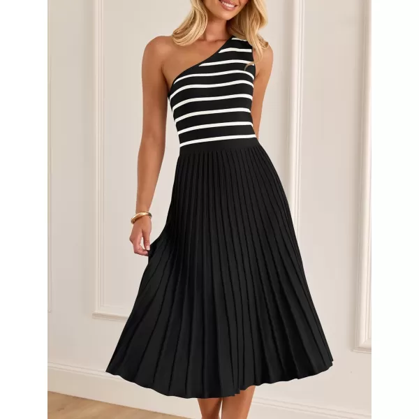 imageZESICA Womens Summer One Shoulder Midi Dresses 2024 Spring Striped Sleeveless Knit Pleated A Line Flowy Long DressBlack