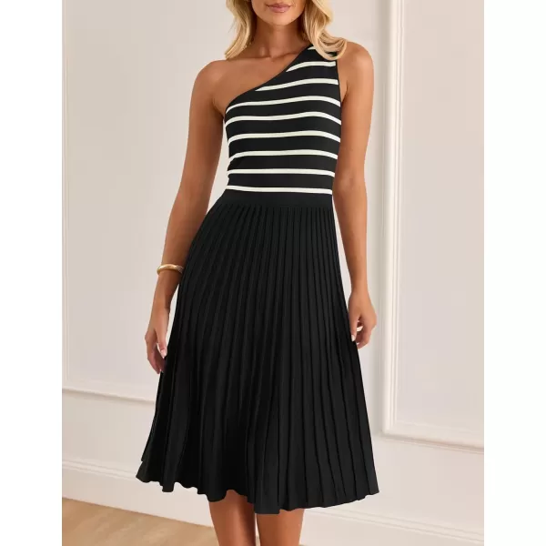 imageZESICA Womens Summer One Shoulder Midi Dresses 2024 Spring Striped Sleeveless Knit Pleated A Line Flowy Long DressBlack