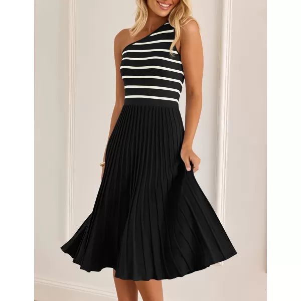 imageZESICA Womens Summer One Shoulder Midi Dresses 2024 Spring Striped Sleeveless Knit Pleated A Line Flowy Long DressBlack