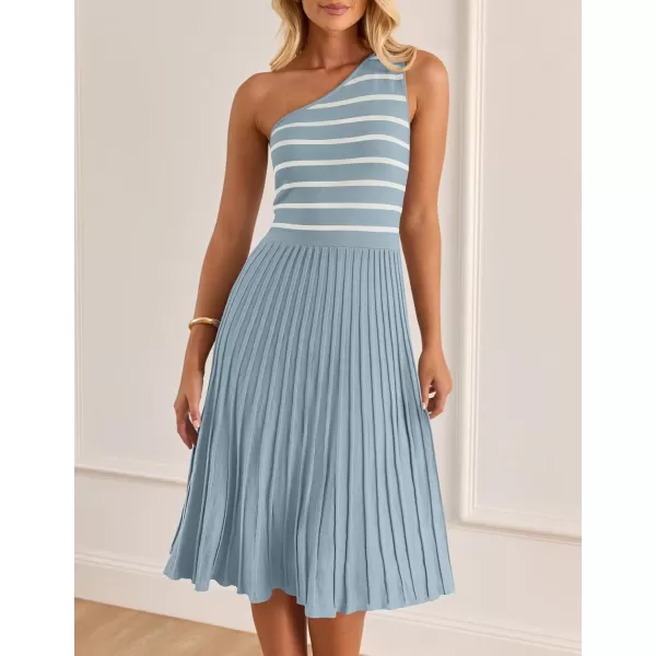imageZESICA Womens Summer One Shoulder Midi Dresses 2024 Spring Striped Sleeveless Knit Pleated A Line Flowy Long DressBlue