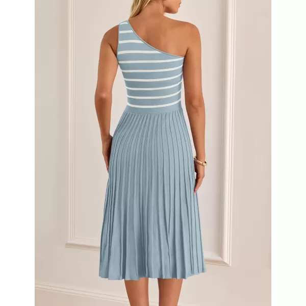 imageZESICA Womens Summer One Shoulder Midi Dresses 2024 Spring Striped Sleeveless Knit Pleated A Line Flowy Long DressBlue