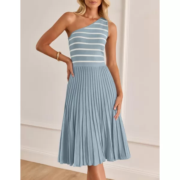 imageZESICA Womens Summer One Shoulder Midi Dresses 2024 Spring Striped Sleeveless Knit Pleated A Line Flowy Long DressBlue