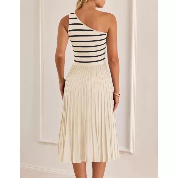 imageZESICA Womens Summer One Shoulder Midi Dresses 2024 Spring Striped Sleeveless Knit Pleated A Line Flowy Long DressCream