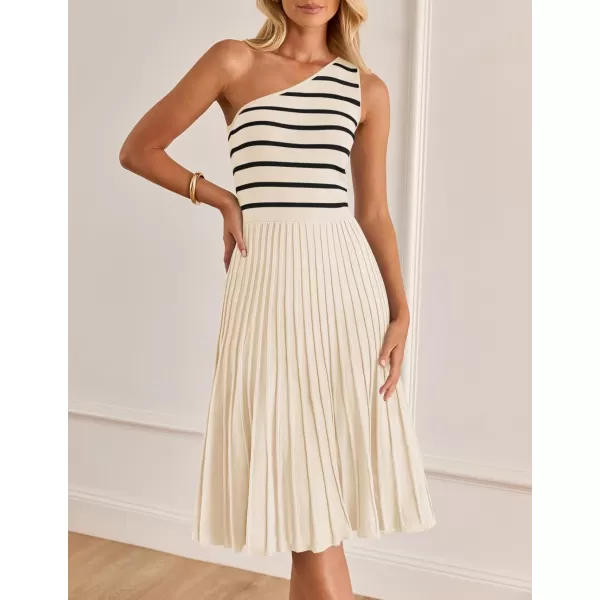imageZESICA Womens Summer One Shoulder Midi Dresses 2024 Spring Striped Sleeveless Knit Pleated A Line Flowy Long DressCream