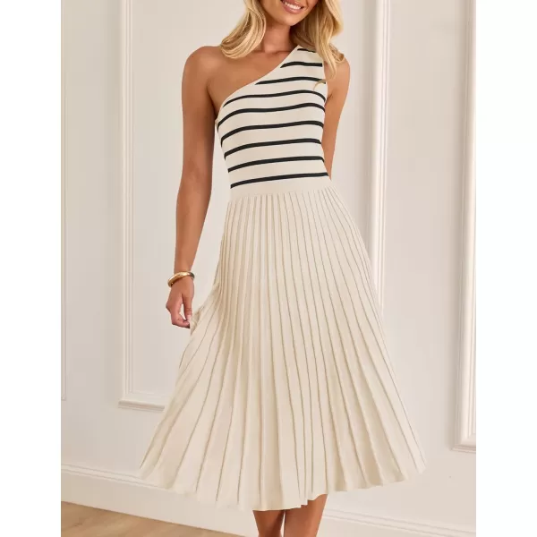 imageZESICA Womens Summer One Shoulder Midi Dresses 2024 Spring Striped Sleeveless Knit Pleated A Line Flowy Long DressCream