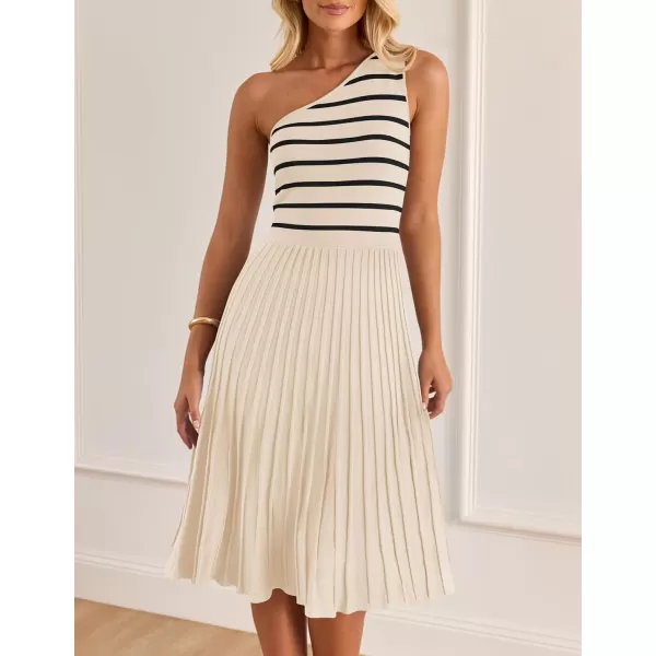 imageZESICA Womens Summer One Shoulder Midi Dresses 2024 Spring Striped Sleeveless Knit Pleated A Line Flowy Long DressCream