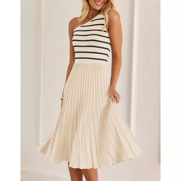 imageZESICA Womens Summer One Shoulder Midi Dresses 2024 Spring Striped Sleeveless Knit Pleated A Line Flowy Long DressCream