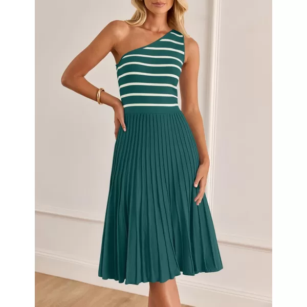 imageZESICA Womens Summer One Shoulder Midi Dresses 2024 Spring Striped Sleeveless Knit Pleated A Line Flowy Long DressGreen
