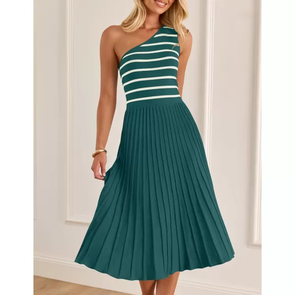 imageZESICA Womens Summer One Shoulder Midi Dresses 2024 Spring Striped Sleeveless Knit Pleated A Line Flowy Long DressGreen