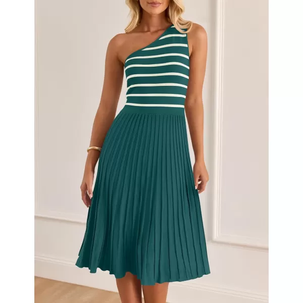 imageZESICA Womens Summer One Shoulder Midi Dresses 2024 Spring Striped Sleeveless Knit Pleated A Line Flowy Long DressGreen