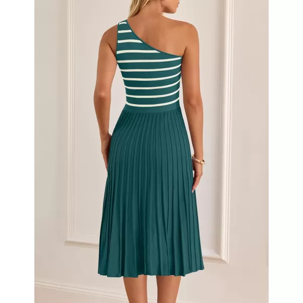 imageZESICA Womens Summer One Shoulder Midi Dresses 2024 Spring Striped Sleeveless Knit Pleated A Line Flowy Long DressGreen
