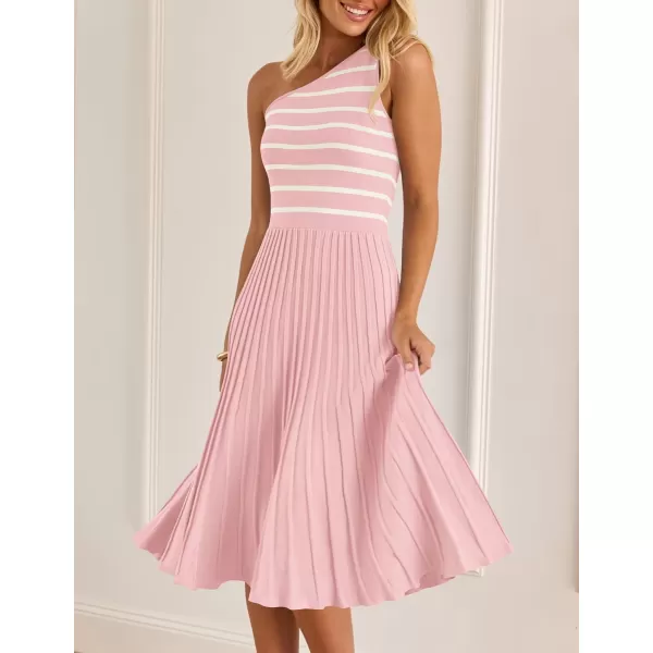 imageZESICA Womens Summer One Shoulder Midi Dresses 2024 Spring Striped Sleeveless Knit Pleated A Line Flowy Long DressLightpink