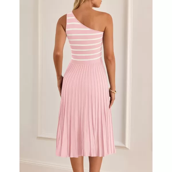 imageZESICA Womens Summer One Shoulder Midi Dresses 2024 Spring Striped Sleeveless Knit Pleated A Line Flowy Long DressLightpink