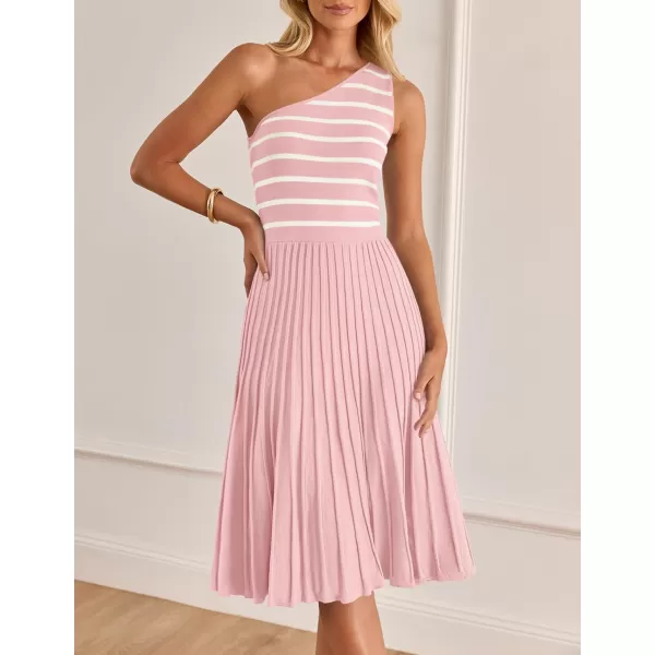 imageZESICA Womens Summer One Shoulder Midi Dresses 2024 Spring Striped Sleeveless Knit Pleated A Line Flowy Long DressLightpink