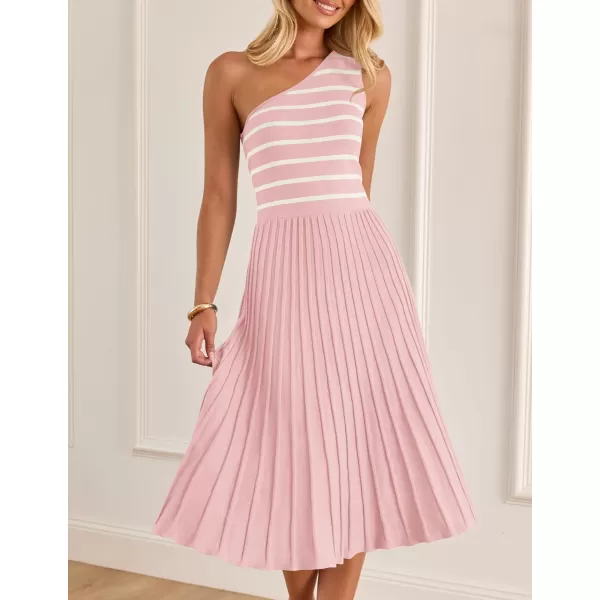 imageZESICA Womens Summer One Shoulder Midi Dresses 2024 Spring Striped Sleeveless Knit Pleated A Line Flowy Long DressLightpink