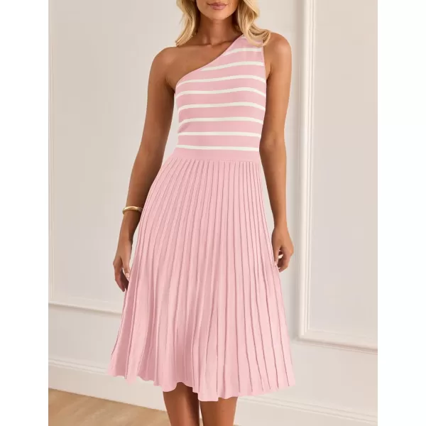 imageZESICA Womens Summer One Shoulder Midi Dresses 2024 Spring Striped Sleeveless Knit Pleated A Line Flowy Long DressLightpink