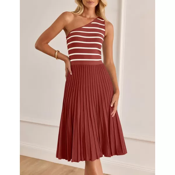 imageZESICA Womens Summer One Shoulder Midi Dresses 2024 Spring Striped Sleeveless Knit Pleated A Line Flowy Long DressVermilion