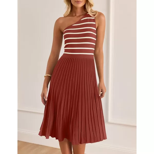 imageZESICA Womens Summer One Shoulder Midi Dresses 2024 Spring Striped Sleeveless Knit Pleated A Line Flowy Long DressVermilion