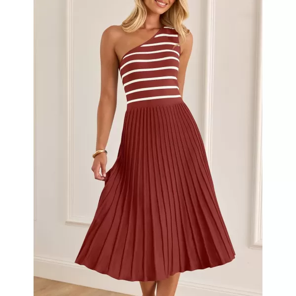 imageZESICA Womens Summer One Shoulder Midi Dresses 2024 Spring Striped Sleeveless Knit Pleated A Line Flowy Long DressVermilion