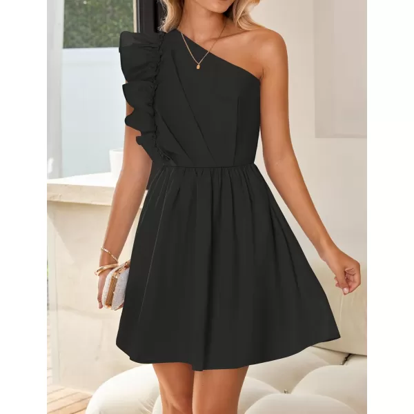 imageZESICA Womens Summer One Shoulder Ruffle Dress 2024 Boho Sleeveless Elastic High Waist Swing Mini DressesBlack