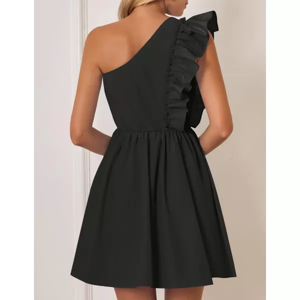 imageZESICA Womens Summer One Shoulder Ruffle Dress 2024 Boho Sleeveless Elastic High Waist Swing Mini DressesBlack