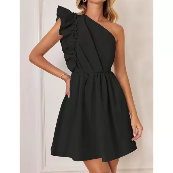 imageZESICA Womens Summer One Shoulder Ruffle Dress 2024 Boho Sleeveless Elastic High Waist Swing Mini DressesBlack