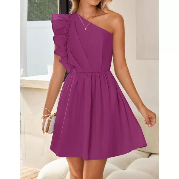 imageZESICA Womens Summer One Shoulder Ruffle Dress 2024 Boho Sleeveless Elastic High Waist Swing Mini DressesEggplant