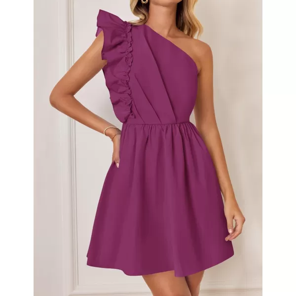 imageZESICA Womens Summer One Shoulder Ruffle Dress 2024 Boho Sleeveless Elastic High Waist Swing Mini DressesEggplant