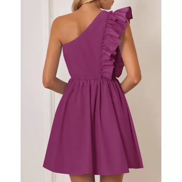 imageZESICA Womens Summer One Shoulder Ruffle Dress 2024 Boho Sleeveless Elastic High Waist Swing Mini DressesEggplant