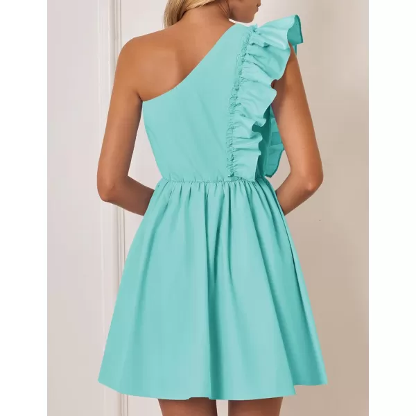 imageZESICA Womens Summer One Shoulder Ruffle Dress 2024 Boho Sleeveless Elastic High Waist Swing Mini DressesGreen