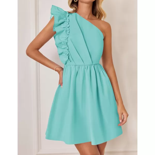 imageZESICA Womens Summer One Shoulder Ruffle Dress 2024 Boho Sleeveless Elastic High Waist Swing Mini DressesGreen