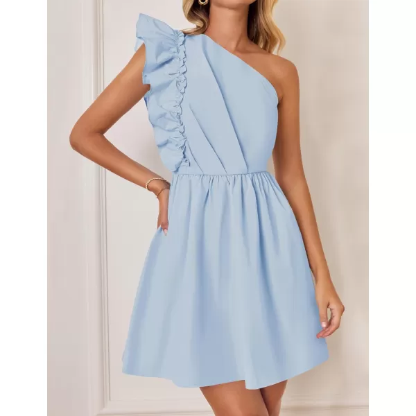 imageZESICA Womens Summer One Shoulder Ruffle Dress 2024 Boho Sleeveless Elastic High Waist Swing Mini DressesLight Blue