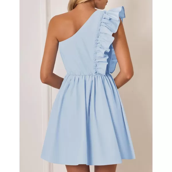 imageZESICA Womens Summer One Shoulder Ruffle Dress 2024 Boho Sleeveless Elastic High Waist Swing Mini DressesLight Blue