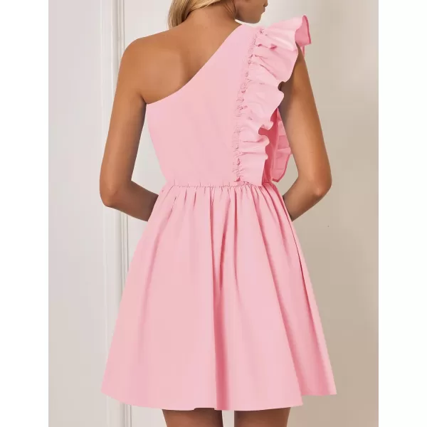imageZESICA Womens Summer One Shoulder Ruffle Dress 2024 Boho Sleeveless Elastic High Waist Swing Mini DressesPink