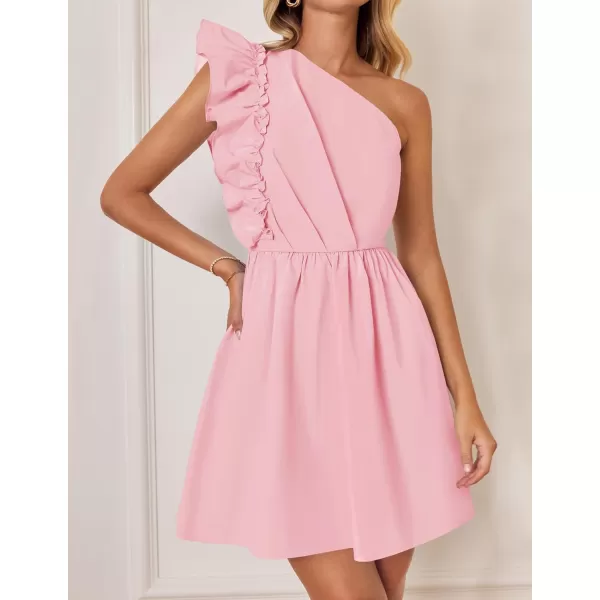 imageZESICA Womens Summer One Shoulder Ruffle Dress 2024 Boho Sleeveless Elastic High Waist Swing Mini DressesPink