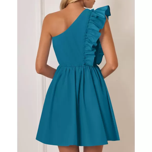 imageZESICA Womens Summer One Shoulder Ruffle Dress 2024 Boho Sleeveless Elastic High Waist Swing Mini DressesTeal Blue
