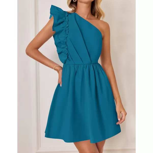 imageZESICA Womens Summer One Shoulder Ruffle Dress 2024 Boho Sleeveless Elastic High Waist Swing Mini DressesTeal Blue