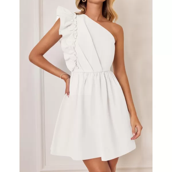 imageZESICA Womens Summer One Shoulder Ruffle Dress 2024 Boho Sleeveless Elastic High Waist Swing Mini DressesWhite
