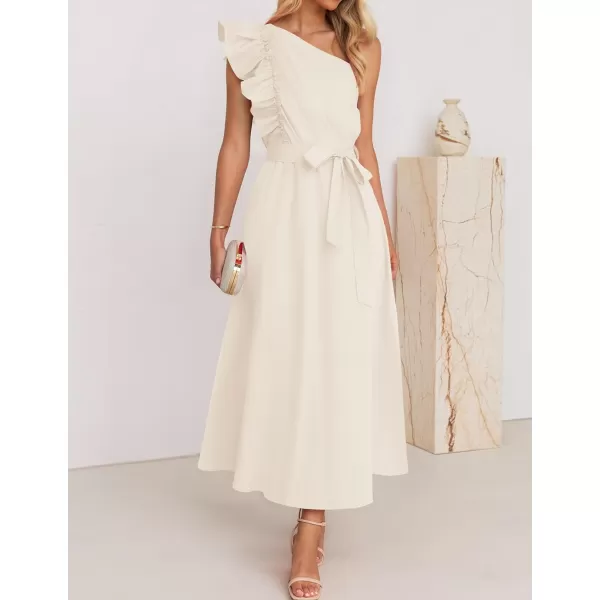 imageZESICA Womens Summer One Shoulder Ruffle Dress 2024 Sleeveless Empire Waist Boho Flowy Beach Maxi DressesApricot