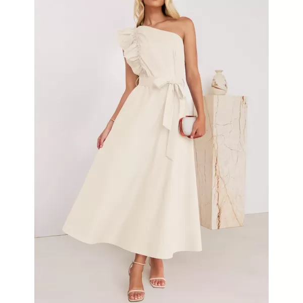 imageZESICA Womens Summer One Shoulder Ruffle Dress 2024 Sleeveless Empire Waist Boho Flowy Beach Maxi DressesApricot