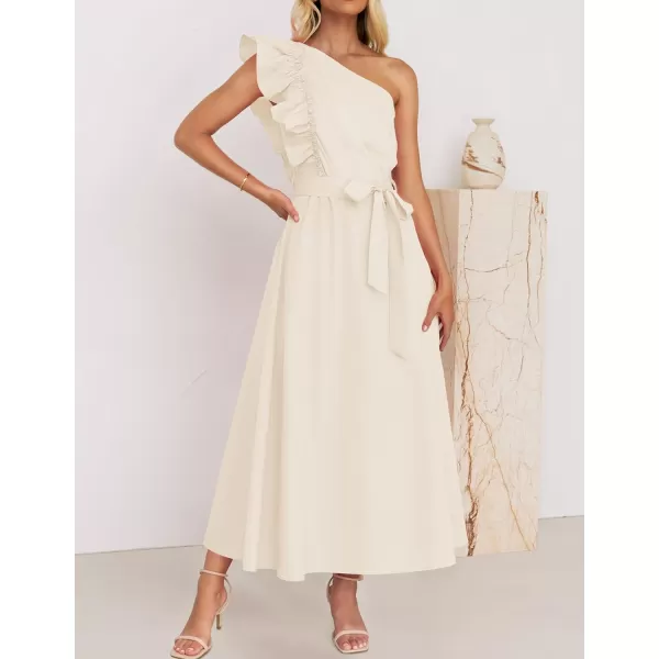 imageZESICA Womens Summer One Shoulder Ruffle Dress 2024 Sleeveless Empire Waist Boho Flowy Beach Maxi DressesApricot